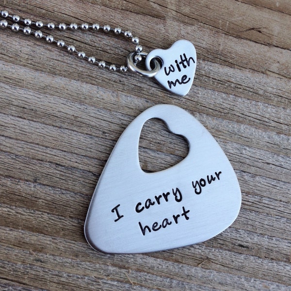 Guitar pick and necklace set hand stamped I carry your heart with me stainless steel gift anniversary 11 year long distance relationship