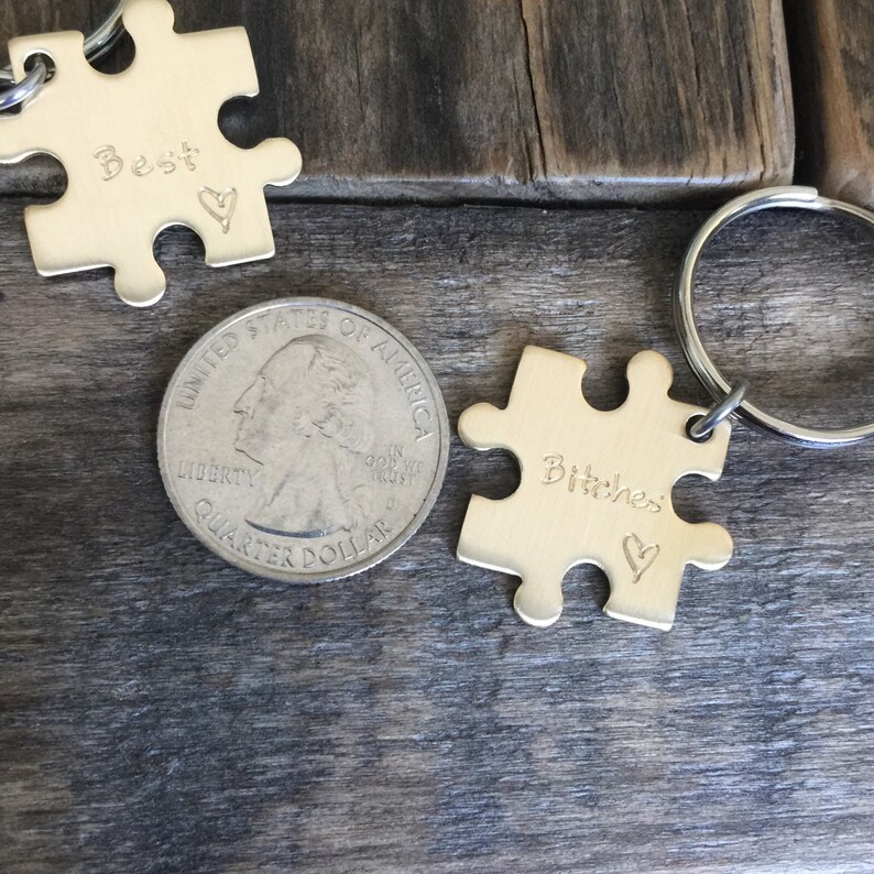 Hand stamped puzzle piece keychains interlocking Best Friends Best Bi***** Nu Gold zipper pull purse customized image 2
