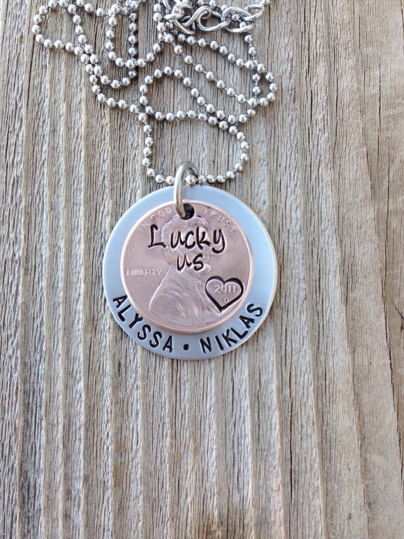 Hand stamped mom necklace Lucky Us penny personalized