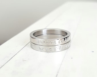 Mothers Day Jewlery name ring 3 mm Date ring  stainless steel ring Anniversary Hand Stamped stacking ring Hand stamped jewelry