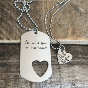 Ill hold you in my heart his and her gift stainless steel heart tag hand stamped dog tag military couple, jewelry Long Distance Relationship