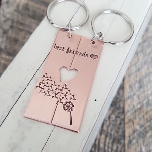 Hand stamped Best Friends keychains Dandelion broken heart keychain copper tags Long Distant Friend