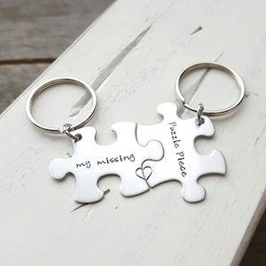 Puzzle piece keychains my missing puzzle piece hand stamped stainless steel set of two jewelry long distance relationship