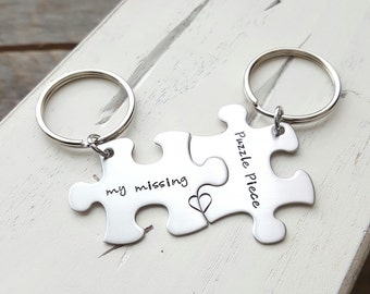 Puzzle piece keychains my missing puzzle piece hand stamped stainless steel set of two jewelry long distance relationship