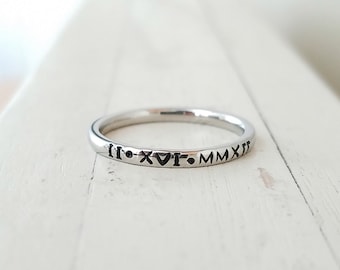 Stacking rings Personalized ring Tiny 2mm roman numeral Ring Hand Stamped stacking ring Stainless Steel mothers ring hypoallergenic comfort