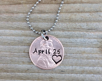 Lucky penny necklace with custom hand stamped heart gift customize mens women's  7 year anniversary graduation gift jewelry