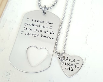 Long distance couple stainless steel heart tag hand stamped dog tag military couple, jewelry  i loved you yesterday