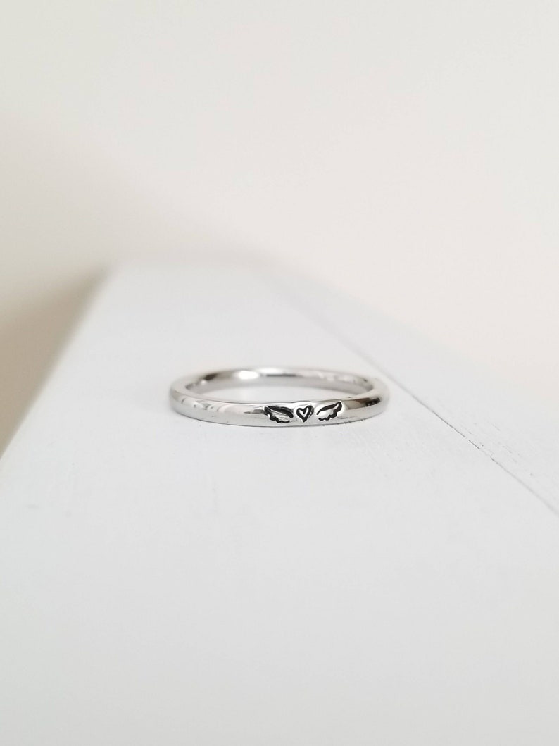 Memorial Remembrance Ring, Angel wing ring, Stainless Steel Stacking Ring, Name Ring 2 mm,Hand Stamped Ring, Pregnancy Loss Ring,Miscarriage 