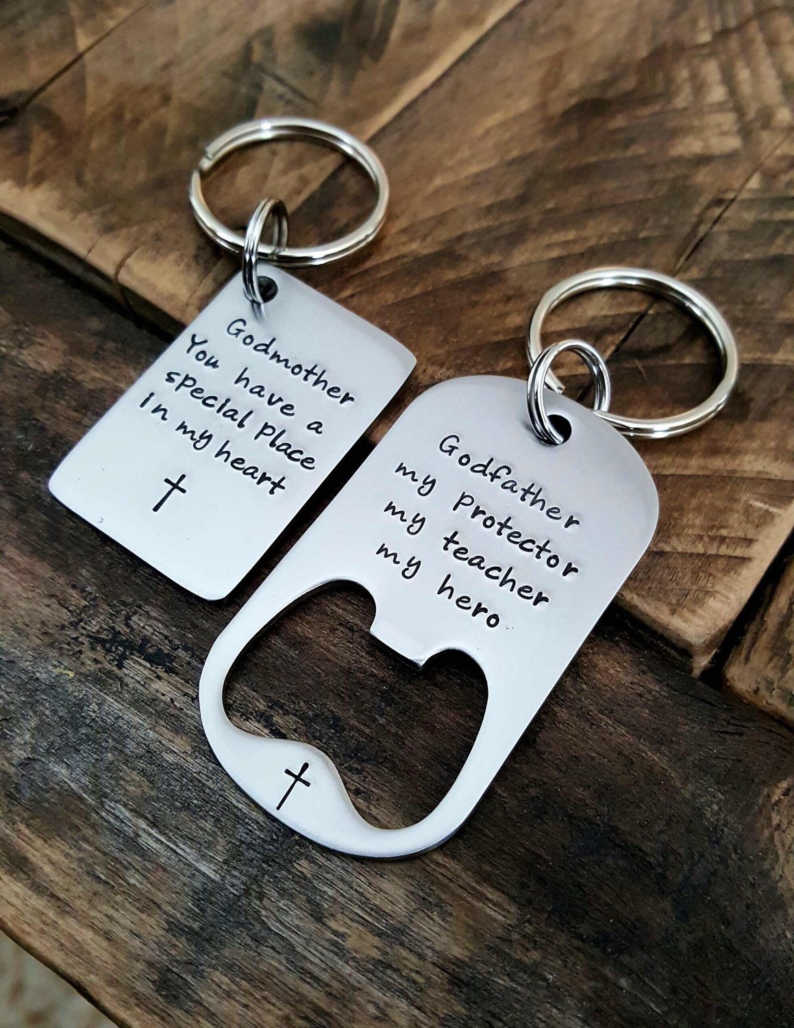 Godmother Godfather gift hand stamped keychain set stainless | Etsy