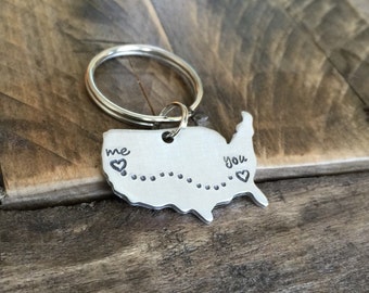 Custom long distance relationship keychain,USA with Personalized states Hand stamped keychain going away present best friend gift