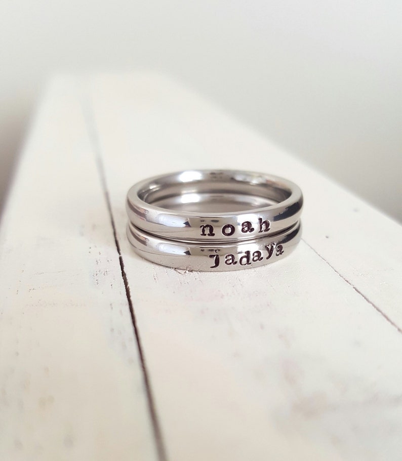 Stacking Ring Name Ring 3 mm Hand Stamped ring stackable stamped jelwery name ring Mothers ring hypoallergenic comfort fit stainless steel image 2