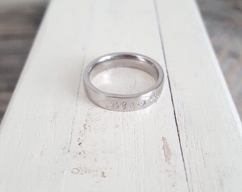 Stainless Steel Name Ring Hand Stamped stacking ring Hand stamped jewlery 4mm ring couples ring mothers ring