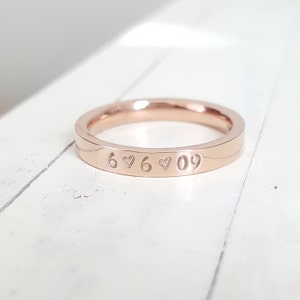 name ring 3 mm Date or name Ring Rose gold stainless steel comfort fit ring Anniversary Hand Stamped stacking ring Hand stamped jewelry