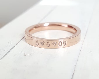 name ring 3 mm Date or name Ring Rose gold stainless steel comfort fit ring Anniversary Hand Stamped stacking ring Hand stamped jewelry