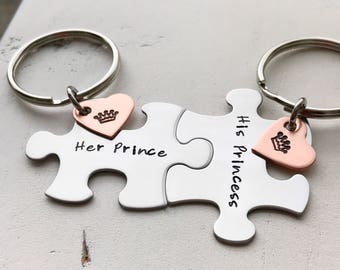 Puzzle piece keychain set hand stamped his and her gift crown hand stamped his princess her prince jewelry