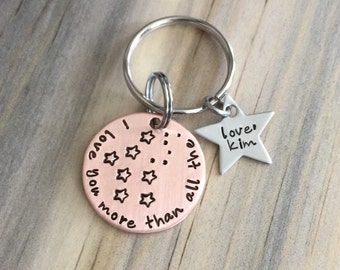 Personalized hand stamped keychain copper and stainless steel I love you more than all the stars gift from mom