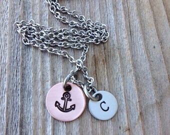 Hand stamped anchor necklace 3/8 stainless steel steel and 1/2 inch copper gift for her initial necklace