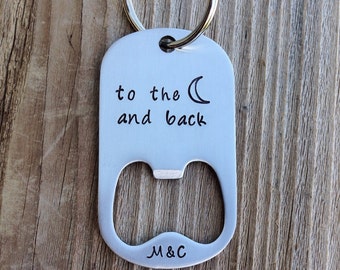 To the moon and back hand stamped bottle opener stainless steel  personalized with initials