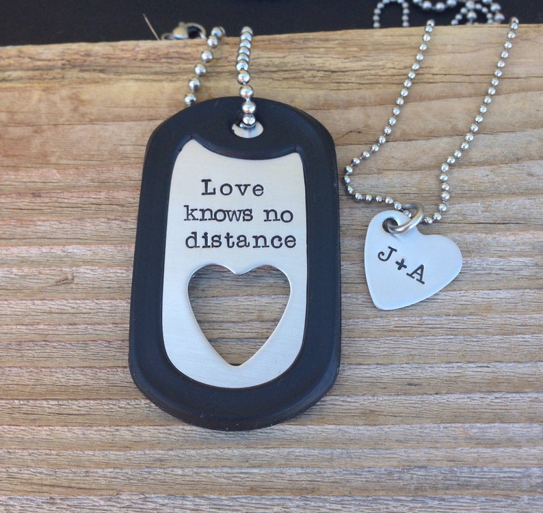 custom Hand stamped dog tag necklace set military gift, long distance relationship personalized initials jewelry image 1