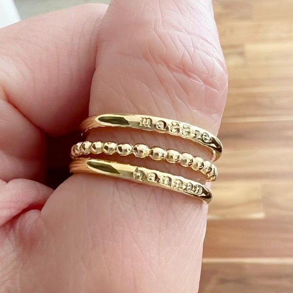 Name Ring,Stackable Name ring, Personalized custom name ring, Tiny 2mm stacking ring, Gold Plated mothers ring hypoallergenic Gold