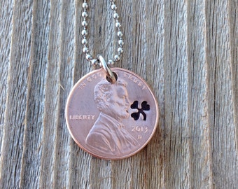 Lucky penny necklace with hand stamped shamrock  st patricks day gift mens and women&#39;s 7 year anniversary graduation gift