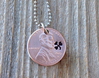 Lucky penny necklace with hand stamped shamrock  st patricks day gift mens and women's 7 year anniversary graduation gift