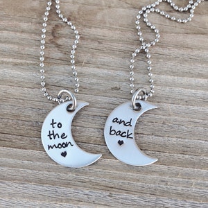To the moon and back hand stamped stainless steel  necklace set moon sister gift best friend gift mother daughter moon necklaces  jewelry