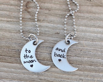 To the moon and back hand stamped stainless steel  necklace set moon sister gift best friend gift mother daughter moon necklaces  jewelry