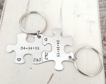 Puzzle piece keychain hand stamped his and hers with date and initials anniversary gift jewelry