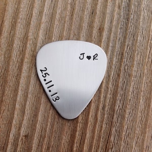 Guitar pick hand stamped personalized date and initials stainless steel jewelry