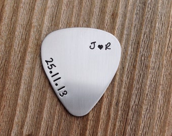 Guitar pick hand stamped personalized date and initials stainless steel jewelry