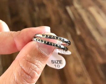 Name Ring, Stackable Name ring, Personalized custom name ring, Tiny 2mm stacking ring, Stainless Steel mothers ring hypoallergenic