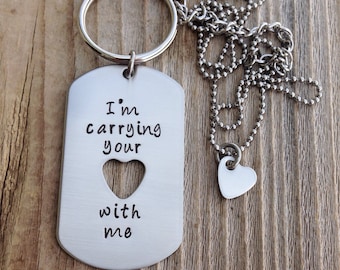 Long Distance Relationship gift Hand stamped military dog tag keychain and necklace set I'm carrying your heart with me boyfriend gift