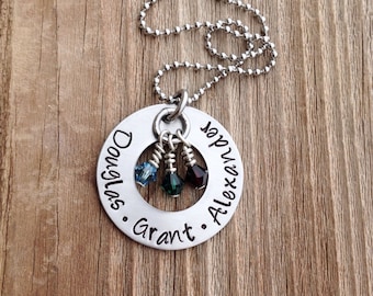 Washer necklaces Stainless steel custom name necklace hand stamped washer  birthstone necklace mother grandmother necklace jewelry