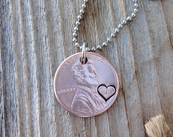 Lucky penny necklace with hand stamped heart gift customize mens women&#39;s  7 year anniversary graduation gift jewelry