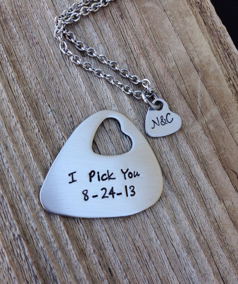 Personalized Guitar pick hand stamped jewlery his and her gift heart necklace I pick you cut out heart steel anniversary gift 11 years image 3