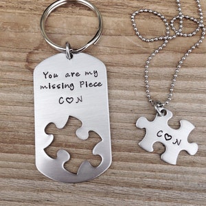 Puzzle piece keychain necklace set you are my missing piece with initials jewelry