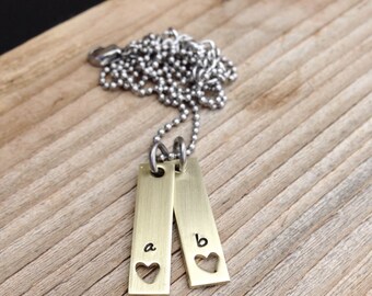 Hand stamped brass tag necklace open heart initial necklace mixed metal Personalized necklace mothers necklace jewelry