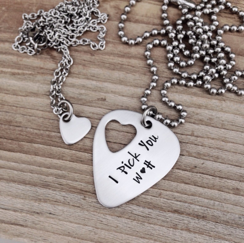 custom Hand stamped guitar pick necklace with cut out heart necklace I pick you his and her set stainless steel image 1