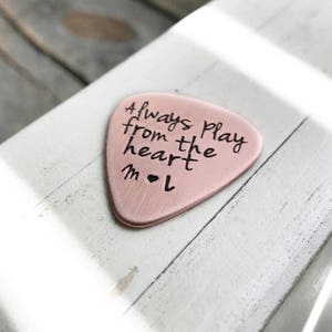 Hand stamped guitar pick custom copper gift for him or her anniversary gift wedding gift personalized  jewelry 7 year anniversary
