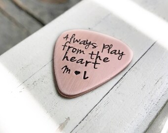 Hand stamped guitar pick custom copper gift for him or her anniversary gift wedding gift personalized  jewelry 7 year anniversary