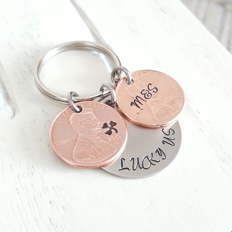 Lucky us penny keychain 2 pennies custom hand stamped copper anniversary gift Husband Gift Boyfriend Gift image 2