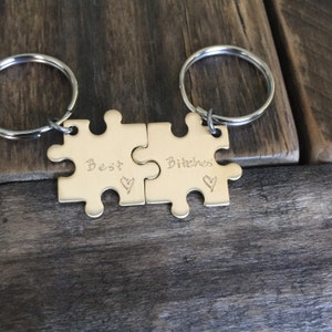 Hand stamped puzzle piece keychains interlocking Best Friends Best Bi***** Nu Gold zipper pull purse customized