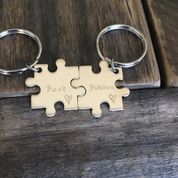 Hand stamped puzzle piece keychains interlocking Best Friends Best Bi***** Nu Gold zipper pull purse customized