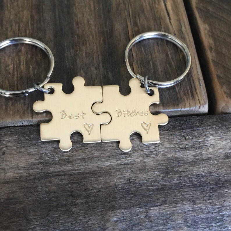 Hand stamped puzzle piece keychains interlocking Best Friends Best Bi***** Nu Gold zipper pull purse customized image 1
