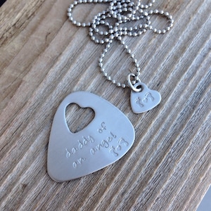 Guitar pick and necklace set hand stamped daddy and mommy of an angel image 1