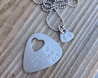 Guitar pick and necklace set hand stamped daddy and mommy of an angel