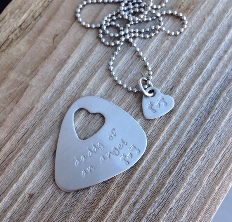 Guitar pick and necklace set hand stamped daddy and mommy of an angel image 1