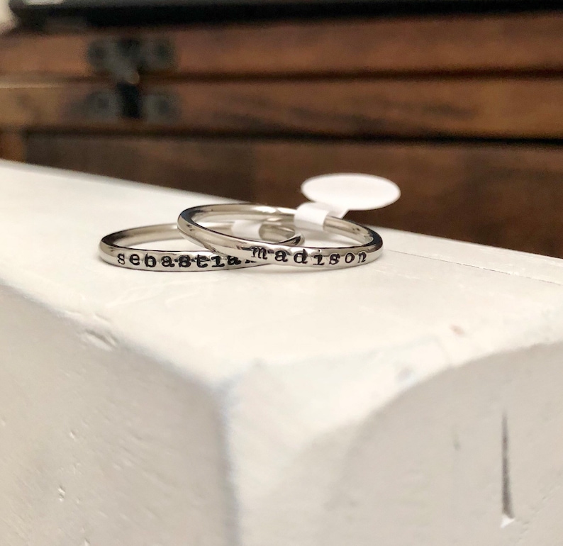 Stacking name ring-Tiny Name Ring-Personalized custom name ring- 2mm stacking ring -Stainless Steel ring-Mothers ring-Hypoallergenic 