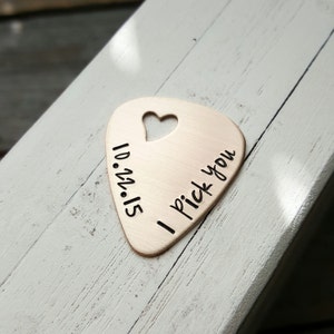 custom Hand stamped bronze guitar pick open heart 8 year anniversary gift